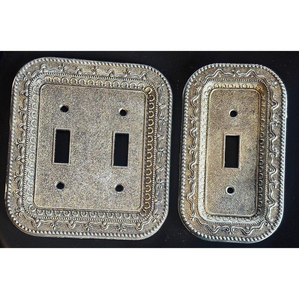 2 Vintage Ornate Metal Switch Face Cover Plates 67091-1 67093-1